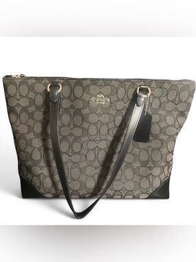 Coach Brown/Black Monogram Canvas Tote with Leather Trim